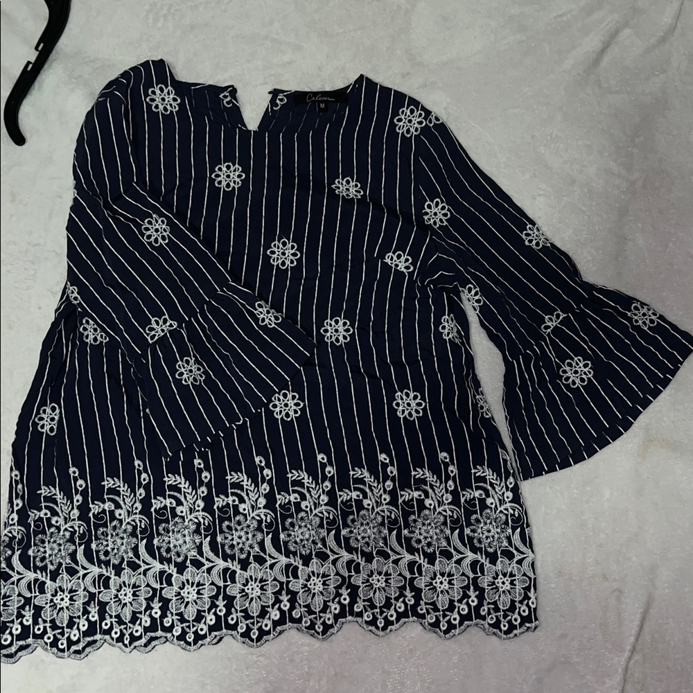 Calessa Navy Blouse with White Embroidery